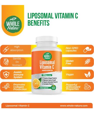 Whole Nature Liposomal Vitamin C Supplement Pills 1200 mg - High Absorption 180 Vegan Capsules Fat Soluble VIT C Maximum Strength Immune System and Collagen Booster Sunflower Lecithin - Buy Online on GoSupps.com
