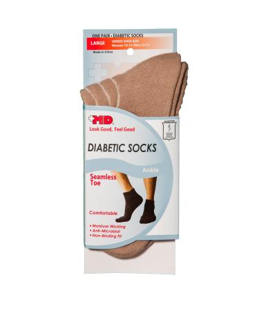 MD USA Seamless Toe-Wave-In Mesh Diabetic Ankle Socks Tan Large Tan Large