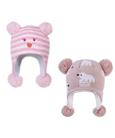 LANGZHEN Toddler Kids Infant Winter Hat Earflap Knit Warm Cap Fleece Lined Beanie for Baby Boys Girls 1-2 Years Bear -Pink Stripe+polar Bear - Pink