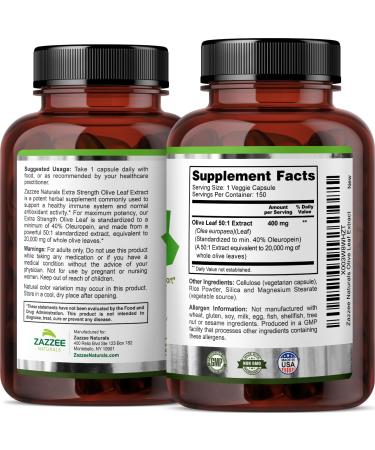 Zazzee Extra Strength Olive Leaf Extract 50:1 - 20 000 mg 40% Oleuropein 150 Vegan Capsules - Non-GMO All-Natural 5 Month Supply - Buy Online on GoSupps.com