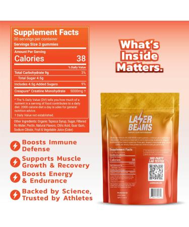 Laser Beams Creatine Monohydrate Gummies for Women & Men - 5g Creapure Creatine per Serving - Vegan, Mango Flavor - Boost Muscle Strength, Endurance, Recovery & Mental Focus (90 Gummies) - Buy Online on GoSupps.com