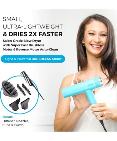 Mini Hair Dryer with Diffuser for Curly Hair | Fast & Quiet Professional Blow Dryer | 20x Faster Brushless Motor | Compact Reverse Auto-Clean Dryer by SKYPRO - Buy Online on GoSupps.com