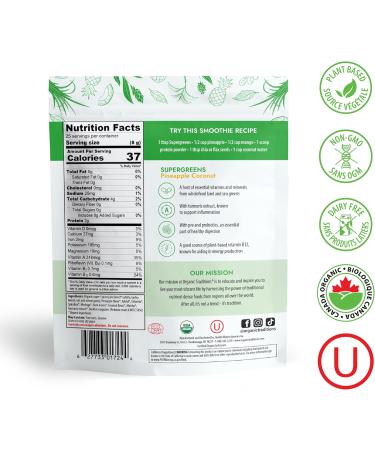 Organic Traditions Super Greens Superfood Powder with Turmeric Pineapple Coconut Flavour Organic Greens Powder Smoothie Booster 200g/7oz Bag Pineapple Coconut 200 g (Pack of 1) - Buy Online on GoSupps.com