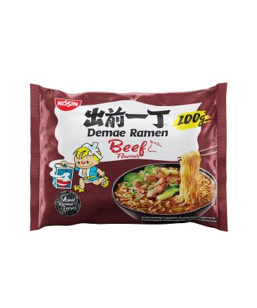 Nissin demae Ramen-beef 5 Pack instant pasta of Japanese with beef taste & Asian spices quick & simple prepared Asian food (5 x 100 g) 5 100 g (5 Pack)
