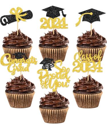 Aloreen 12CT Graduation Cupcake Toppers Class Of 2024 Cake Picks Glitter Graduation Theme Food Appetizer Picks Congrats Grad Cap Topper Toothpick Stick Graduation Party Decoration Supplies Gold - Buy Online on GoSupps.com