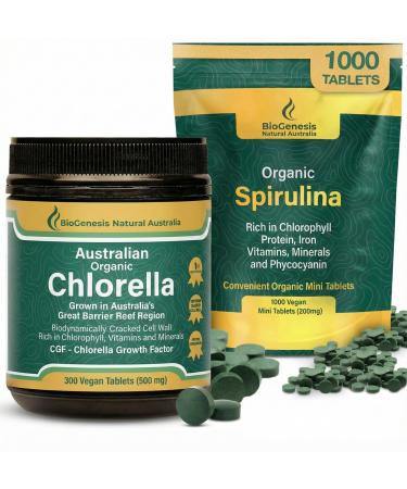 Biogenesis Organic Spirulina & Chlorella Bundle | Australian Grown | 1000 Spirulina Mini Tabs (200mg) + 300 Chlorella Tablets (500mg) | Rich in Chlorophyll & Phycocyanin | Daily Vegan Superfood Pack