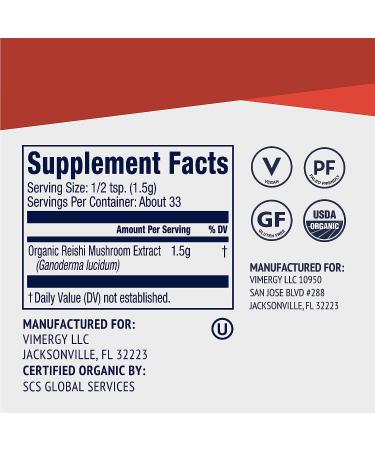 Vimergy USDA Organic Reishi Mushroom Extract Powder 50g - Supports Healthy Immune System - Non-GMO Kosher Gluten-Free Vegan - 100% Pure with Zero Fillers - Buy Online on GoSupps.com