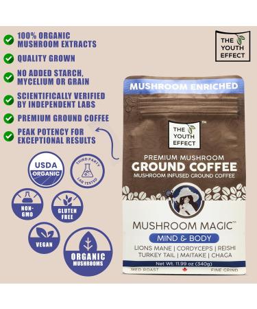 The Youth Effect Think Canadian Ground Mushroom Coffee for better Productivity w/ Organic Cordyceps | Lion's Mane | Reishi | Turkey Tail | Maitake | Chaga Mushrooms Nootropic Mushroom Coffee for better clarity and immune support (Made in Canada 12 oz bag) - Buy Online on GoSupps.com