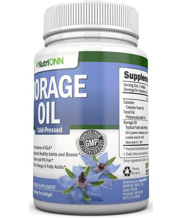 NutriONN Borage Oil 1000mg - 180 Softgels - Cold Pressed High GLA Seed Oil - Hexane & PA Free - Skin, Hair, Joints, Bones Support - Buy Online on GoSupps.com