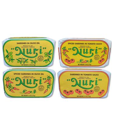 NURI Portuguese Sardines Variety Pack | 4 Pack Bundle | One of Each | Pure Olive Oil, Spiced Pure Olive Oil, Tomato and Olive Oil AND Spiced Tomato and Olive Oil