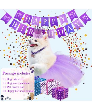 Hamify 4 Pieces Cute Dog Birthday Outfit with Pet Tutu Skirt Puppy Pearl Necklace Dog Crown Hat and Happy Birthday Banner for Puppy Dog Pet Cat Girl Birthday Party Supplies (Purple) - Buy Online on GoSupps.com