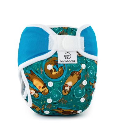 Bambooolik.Washable overexpants for diapers unit size Velcro fastener double side barrier two elastic waist.(Otters in Love + Turquoise)