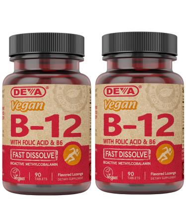 Deva Vegan Vitamins B12 Fast Dissolve Supplement - Once-Per-Day Complex with 1000 Mcg Methylcobalamin B12 Folic Acid B6 - Lemon Flavor - 90 Dissolvable Tablets 2-Pack 90 Count (Pack of 2)