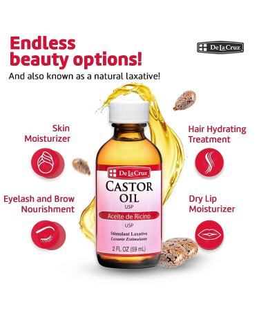 De La Cruz 100% Pure Castor Oil - Nourishing Skin, Hair, Eyelashes & Eyebrows - Natural Laxative - 2 FL Oz - Buy Online on GoSupps.com