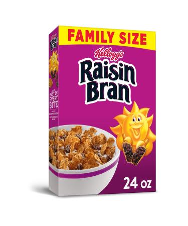 Kellogg's Raisin Bran Breakfast Cereal, High Fiber Cereal, Made with Real Fruit, Family Size, Original, 24oz Box (1 Box) Raisin Bran 24 Ounce (Pack of 1)