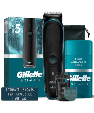 Gillette Intimate Men s Pubic Hair Trimmer SkinFirst Pubic Hair Trimmer For Men Waterproof Cordless For Wet/Dry Use Shaver For Men Lifetime Sharp Blades includes Anti Chafe stick Gift Set Trimmer Gift Set w/ Bag