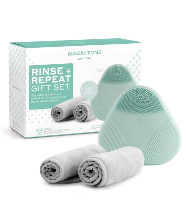 MAGNITONE Rinse + Repeat Gift Set - XOXO Silicone Facial Cleansing Brush + WipeOut Microfibre Cleansing Cloths - Makeup Removal Cleanse Brighten and Soften Skin 100% Waterproof USB Rechargeable