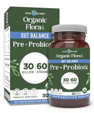 Vital Planet - Organic Flora Probiotics for Gut Balance Shelf Stable Probiotic 30 Billion CFU 60 Diverse Strains Prebiotic Organic Mushroom Blend for Immune Support and Digestive Health 30 Capsules