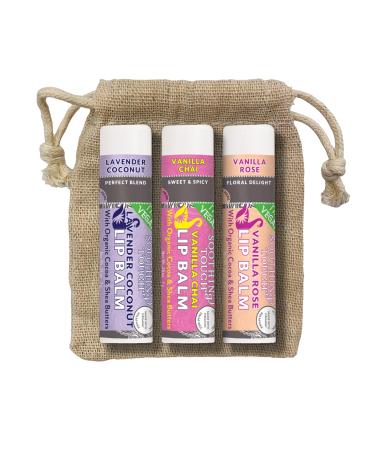 Vegan Lip Balm Set - 3 Soothing Touch Balms | Gift Bundle with Muslin Pouch | Lavender Coconut Vanilla Chai Vanilla Rose - Buy Online on GoSupps.com