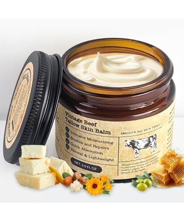 Beef Tallow Honey Balm for Sensitive Skin:100% Organic Grass-Fed Vintage Tallow Moisturizer For Face Cracked Hands Non-Greasy Nourishing Cream With Olive Oil - Eczema Safe All Skin Types 2 oz 2 Ounce (Pack of 1) white
