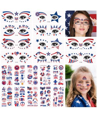 20 Sheets 4th of July Face Art Tattoo Temporary Gold Glitter Tattoo Stickers 100Pcs Independence Day Tattoo Kit American Flag Accessories for Women Kids Makeup Costume Parade Party School