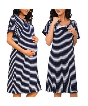 Sykooria Women's Maternity Nightdress Breastfeeding Nightwear Short Sleeve Nursing Nightgown Button Down Sleep Shirt V Neck Pajama Tops Soft Loungwear For Pregnant Women B - Stripe Dark Blue S