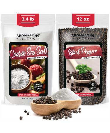Aromasong Organic Coarse Sea Salt (2.43 LB.) with Black Peppercorn (12 OZ) Grinder, Mill Refill Combo Set for Cooking & Baking - Bulk Resealable Bag