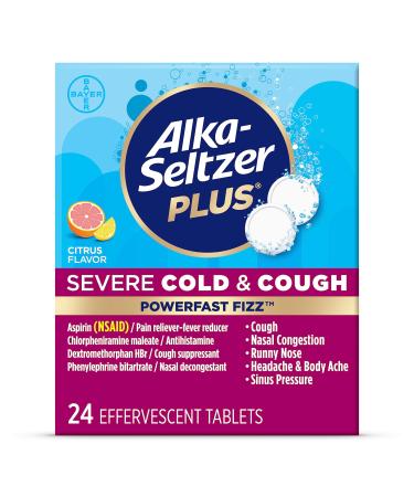 ALKA-SELTZER PLUS Severe Cold & Cough Medicine for Adults PowerFast Fizz Citrus Effervescent Tablets Fast Relief of Headache Sore Throat Cough Nasal & Sinus Congestion 24 Count 24 Count (Pack of 1)