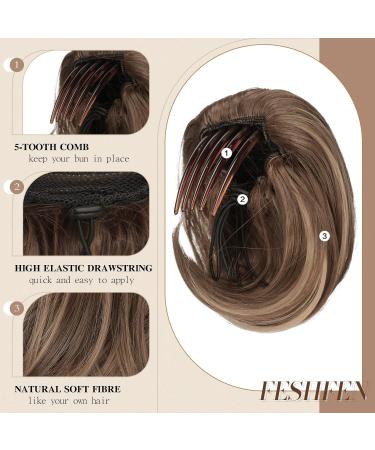 Feshfen Hair Part Dutt with Comb - Short Hair Horse Tail Chignon Synthetic Hair Extensions - Golden Brown Mixed Blonde - Buy Online on GoSupps.com