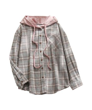 Routinfly Women's Long Sleeve Checkered Hoodie Jacket Button-Down Blouse Tops Fashionable Hooded Cardigan Casual Shirt Jacket Top XXL Gray