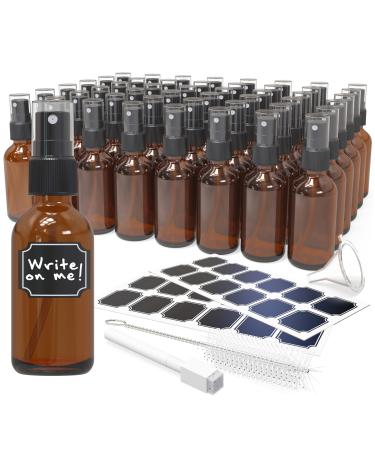 Nevlers 48 Pack Amber 2 Oz Spray Glass Bottle | The Amber Misting Glass Bottles Includes Sprayers & a Funnel and Brush with Bonus Labels to Easily Identify its Contents