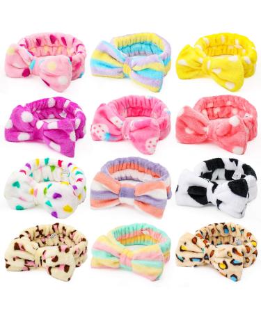 Shindel Bow Hair Band, 12PCS Makeup Headbands Spa Headband, Soft Coral Fleece Head Wraps, for Washing Face Shower Spa Mask