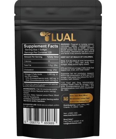 LUAL Omega-3 Fish Oil Softgels 1000mg with EPA and DHA Lemon Flavor Burpless Non-GMO Formula for Heart Brain and Overall Wellness 120 Count - Buy Online on GoSupps.com