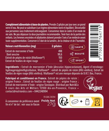 NUTRI & CO Light Legs - Red Vine + Grape Seed & Horse Chestnut Extract - Promotes Blood Circulation - Light Legs Supplement - 60 Vegan Capsules - Made in France - Buy Online on GoSupps.com