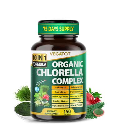 Premium Organic Chlorella Complex 10-in-1 Formula with Spirulina, Wheatgrass, Moringa, CoQ10 & Ashwagandha Supports Natural Energy & Antioxidant Balance 150 Capsules 150 count (pack of 1)
