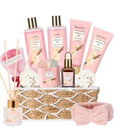 Spa Gift Basket Vanilla Oat 14 Pcs Bath Scents for Women Bath Gift Set Enriched Shea Butter. Home Spa with Shower Gel  Body Oil  Diffuser  Shower Steamer & More for Mom
