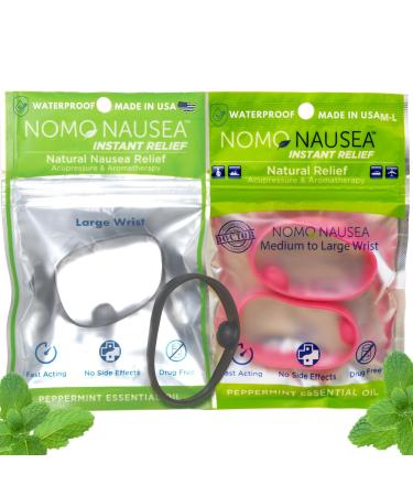 NOMO Anti Nausea Wristband Bundle | Instant Relief Band with Peppermint Aromatherapy and Acupressure | Adult Nausea Band for Motion Sickness | Large Size Wrist ( 6.25 ) | Black and Pink | Pack of 4