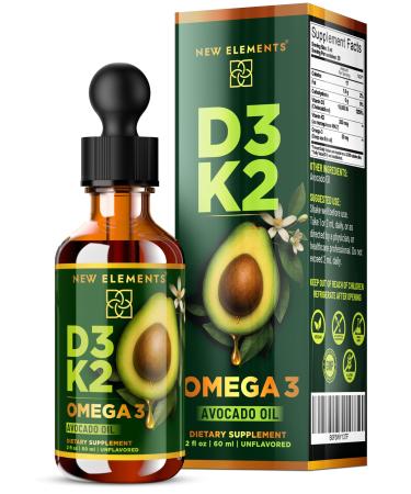 New Elements Liquid Vitamin D3 + K2 Drops 10 000 IU with Omega-3 High Absorption for Bone Immune & Heart Support | Pure Avocado Oil Base | Non-GMO 2 fl oz (60 ml)