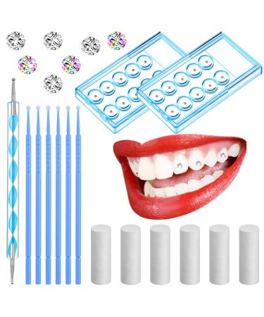 61 Pcs Tooth Gem Kit DIY Teeth Jewelry Dental Teeth Gems Reflective Teeth Diamonds Kit Artificial Crystal Tooth Ornaments Jewel with Applicator Sticks Dot Drill Pen Cotton Sticks for Teeth Decor White Colorful Blue