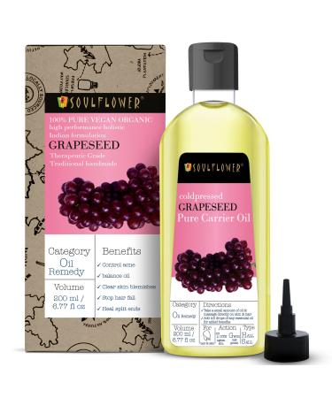 Soulflower Grapeseed Oil -100% Pure Cold pressed Vegan & Natural Undiluted Oil for Soothes Skin Acne Prone Hair Nourishment Ecocert Cosmos Organic Certified 6.77 fl oz with Mini Spray Grapeseed Oil 6.77 Fl Oz (Pack...