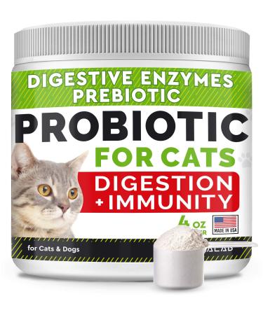 Probiotics Powder for Cats and Dogs - All Natural Supplement - Digestive Enzymes + Prebiotics - Relieves Diarrhea, Upset Stomach, Gas, Constipation, Litter Box Smell, Skin Allergy -Made in USA 4 oz (Pack of 1)
