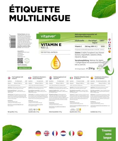 Vitamine E 400 U.I. naturelle - 365 capsules softgel - Premium : vitamine E naturelle de tournesol - 12 mois d'approvisionnement - fortement dos  - Buy Online on GoSupps.com