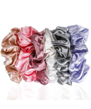 6-Piece Oversized Satin Hair Tie Set - Soft Silk Elastic Ponytail Holders for Girls in Champagne White Silver Gray Light Pink Bean Red Light Blue - Buy Online on GoSupps.com