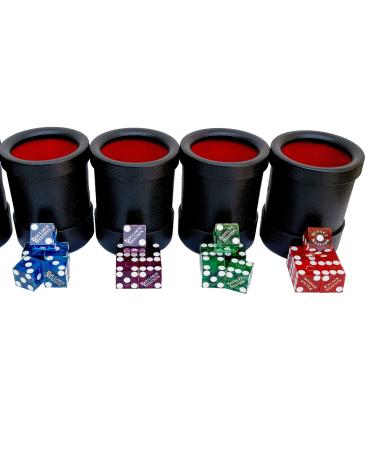 Genuine Las Vegas Casino Dice Set of 20 w/ 4 Dice Cups - 5 Each of Red, Green, Blue & Purple Dice Sets - Bicast Leather Dice Cup - Great for Liars Dice, Yahtzee, Farkle Game or Casino Night