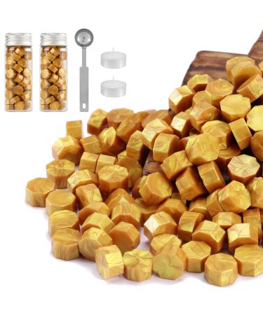 Yoption Gold Sealing Wax Beads  150 Pieces Wax Seal Beads Kit for Wax Seal Stamp  Octagon Wax Seal Beads with A Wax Seal Spoon and 2Pcs Tea Candles (Gold)