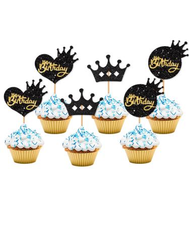 Blopee Cupcake Toppers Black and Gold Happy Birthday Cupcake Toppers 24 pcs Crown Cupcake Toppers Groovy Cupcake Decorations for Bridal Baby Shower Girls Women Men Birthday Wedding Themed Party Black mixed cupcake toppers