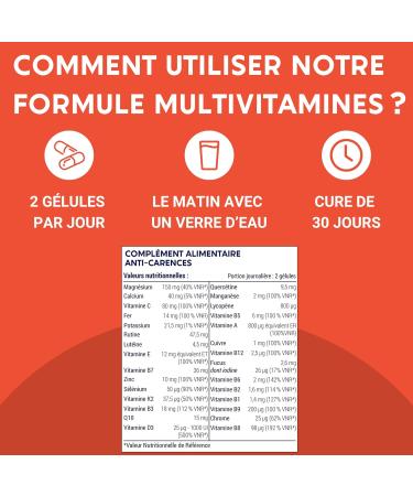 MULTIVITAMIN AND MINERAL FORMULA 30 Nutrients | Vitamin A B C D E K Quercetin Magnesium Zinc Coenzyme Q10 Selenium | Food Supplement | Made in France | 60 capsules - Buy Online on GoSupps.com