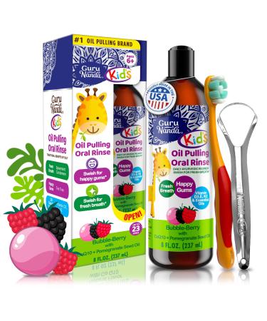 GuruNanda Kids Oil Pulling Alcohol-Free Mouthwash Essential Oils & Vitamins for Fresh Breath & Happy Gums for Ages 6 & up Natural Bubble Berry 8 Oz