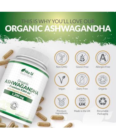 Organic Ashwagandha KSM-66 1200mg - 5% Withanolides - 180 Vegan Capsules not Tablets - High Strength Ashwaganda Enhanced with Black Pepper - Soil Association Certified - Nu U Nutrition - Buy Online on GoSupps.com