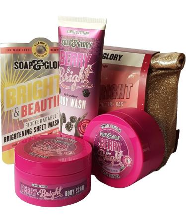 Soap & Glory Berry & Bright Toiletry Bag - Gift Set for Christmas 2023 - Berry & Bright Body Wash Body Butter Bright & Beautiful Radiance Sheet Mask and Glittery Toiletry Bag - Buy Online on GoSupps.com